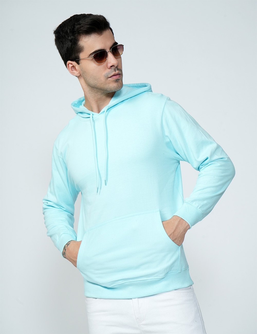 Being Wanted Men's Fullsleeve Hooded Lite Blue Cotton Sweatshirt