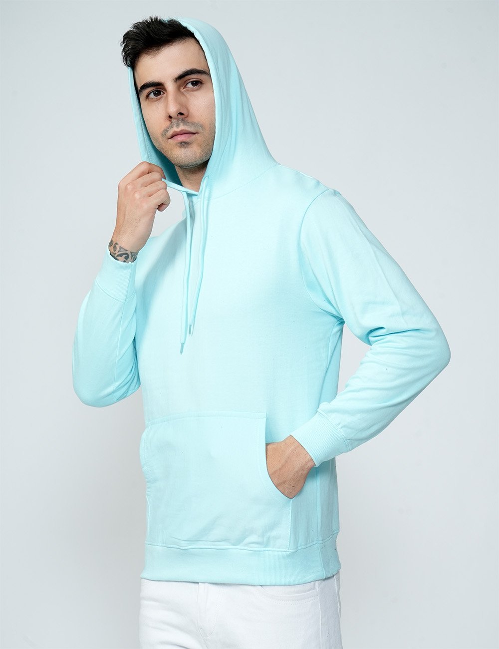 Being Wanted Men's Fullsleeve Hooded Lite Blue Cotton Sweatshirt