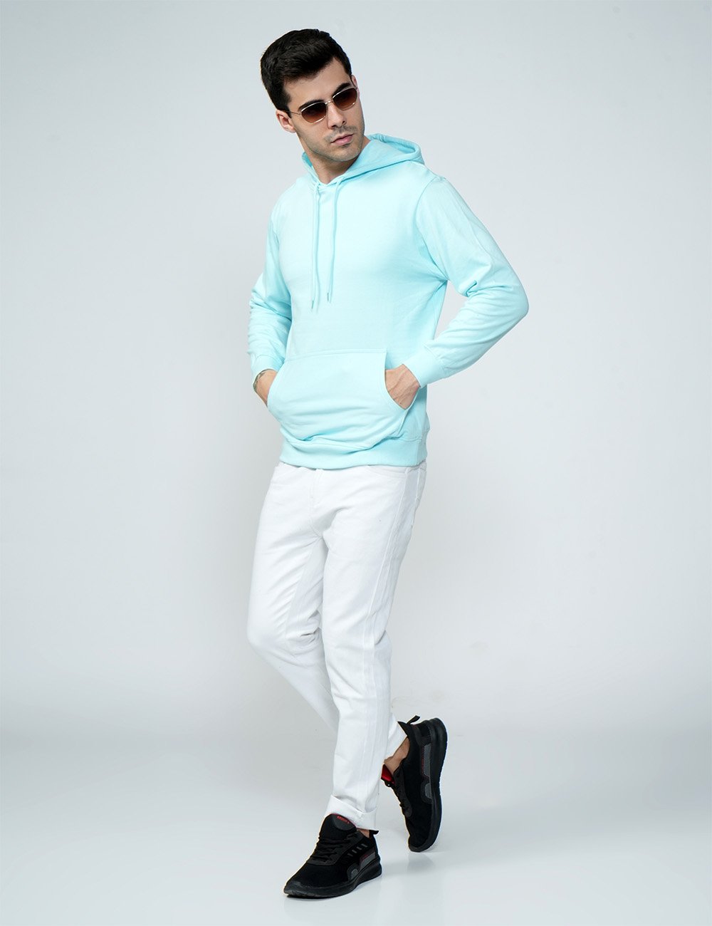 Being Wanted Men's Fullsleeve Hooded Lite Blue Cotton Sweatshirt